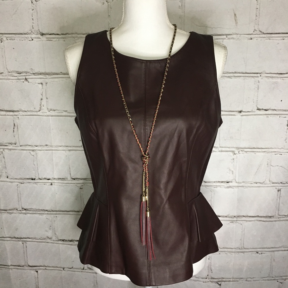 WHBM Peplum Leather Bodice Top Deep Claret Size 10 - Picture 1 of 11